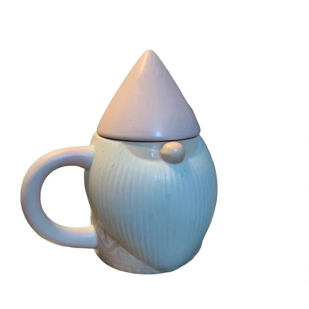 WORLD Market porcelain Gnome coffee cup with lid, pink and white